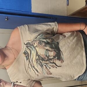 Beige Graphic Tee with Horse Design